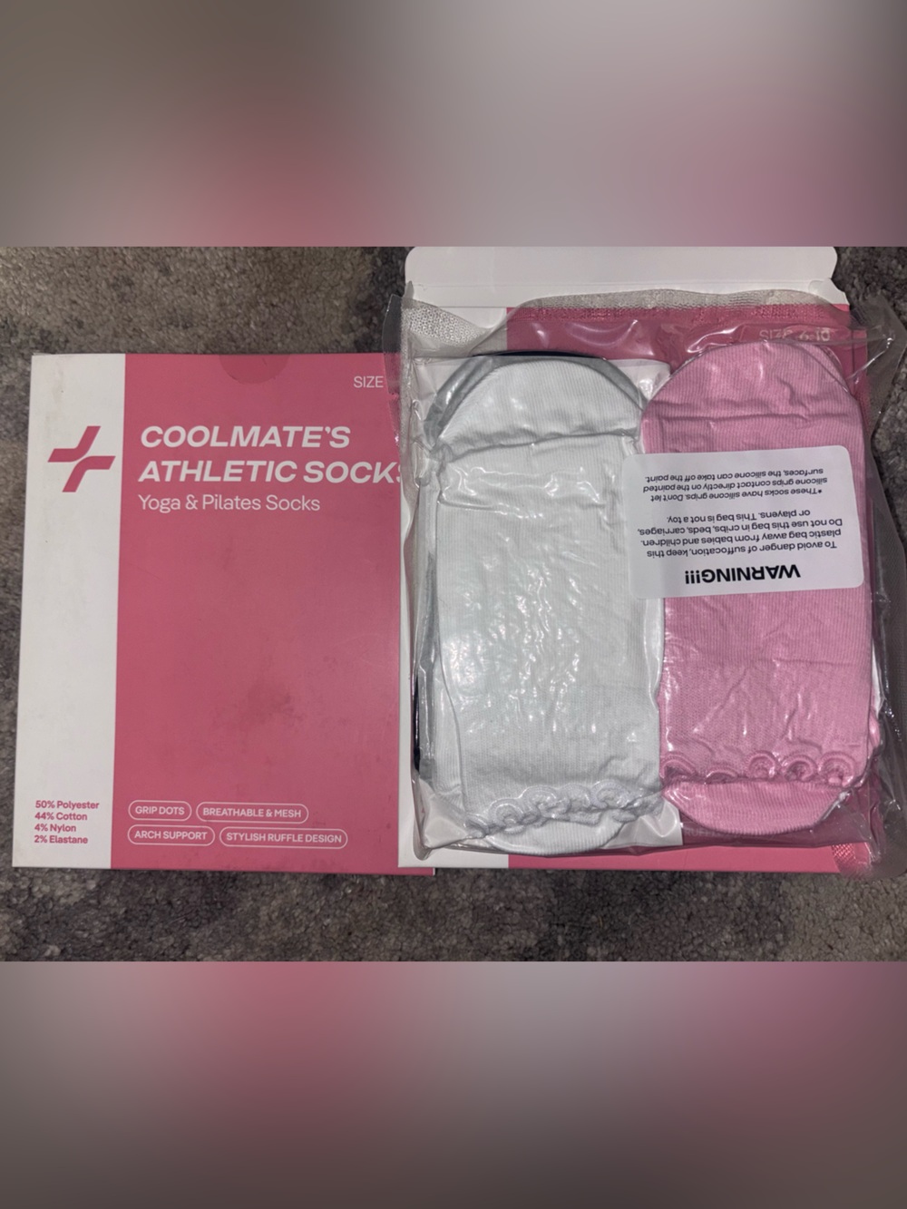 CoolMate Pilates Socks with Grips, Non Slip Yoga Socks White/Pink/Grey 3 packs